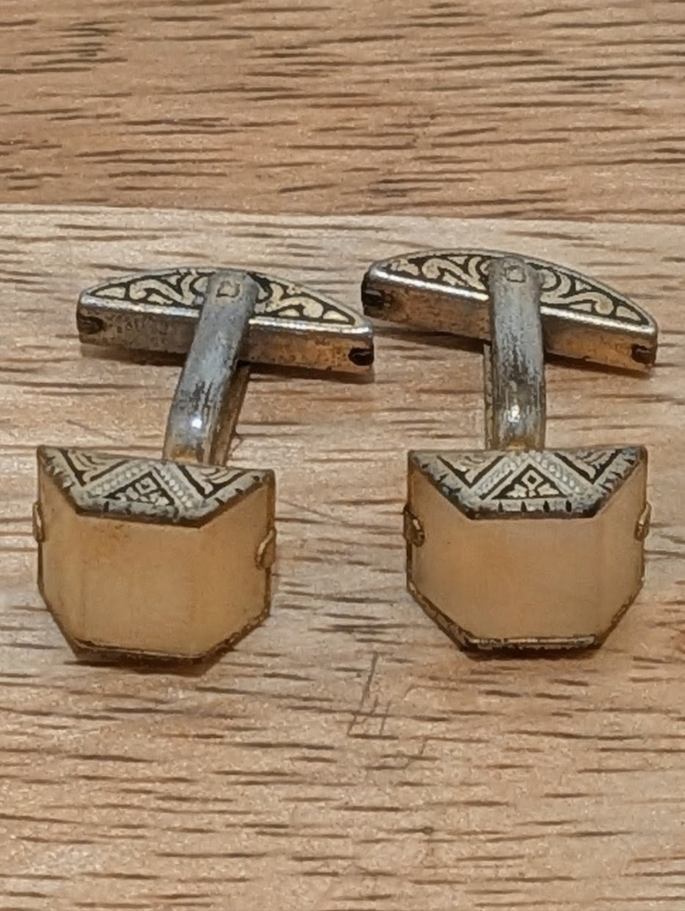 Vintage Toledo Damascene Silver and Gold Tone Cufflinks with Mother of Pearl